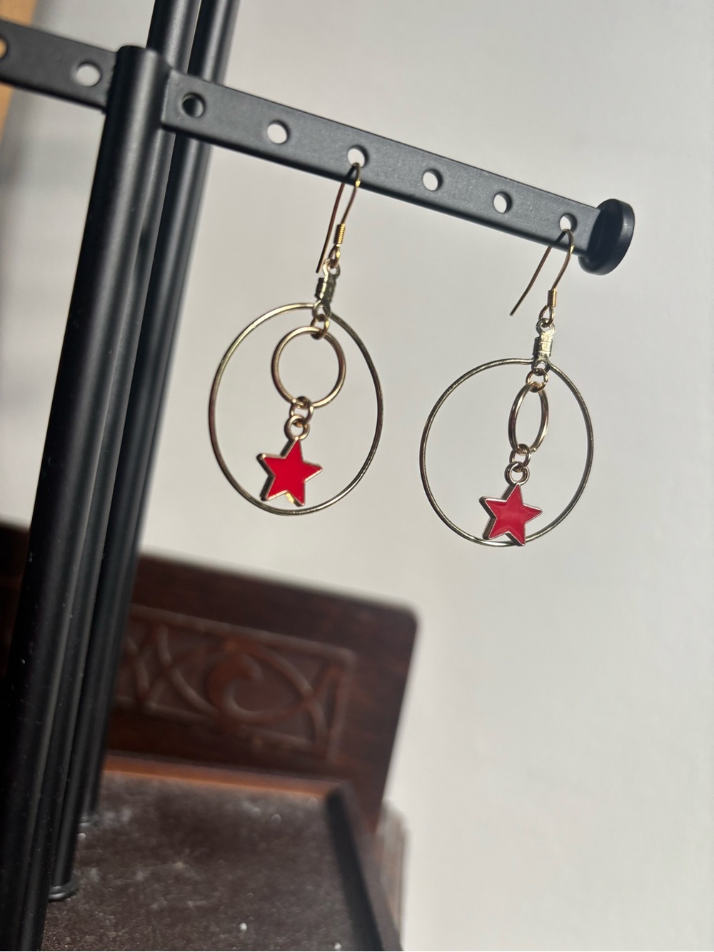 Gold Hoop Drop Earrings with Red Star Charm - Women Jewelry